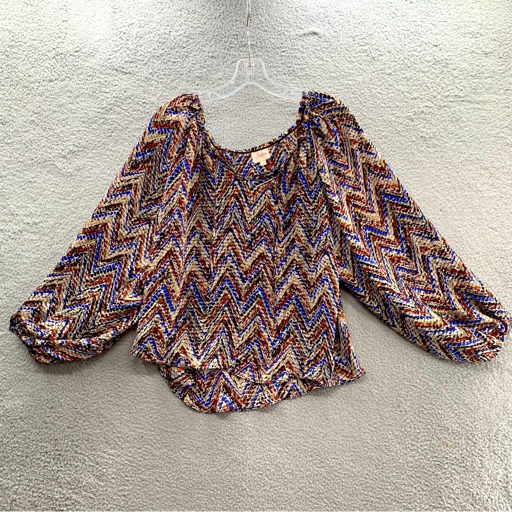 Parker Silk Balloon Sleeve Zigzag Multicolor Top Blouse Pullover Women’s Size S